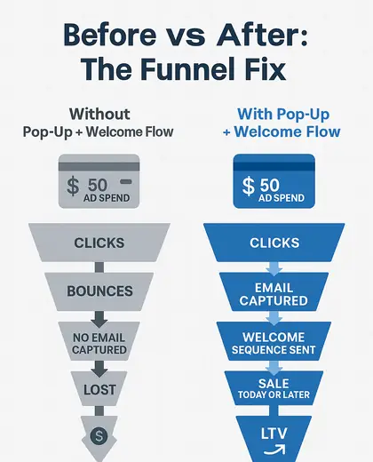 Blue and gray before-and-after funnel diagram comparing traffic with and without a welcome flow.
