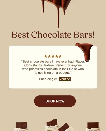 Brown Conscious Bar email with chocolate imagery, customer reviews, product packages, and discount code.