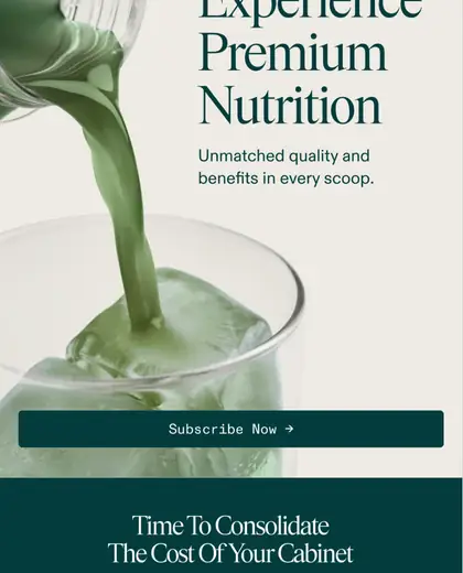 AG1 email with green drink image, nutrition comparison table, and subscription calls to action.