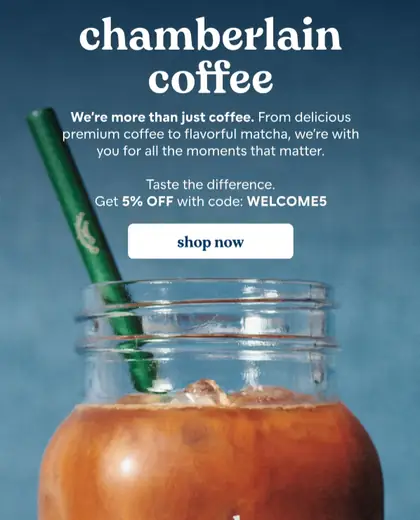 Chamberlain Coffee welcome email with iced drink hero and four customer-favorite products.