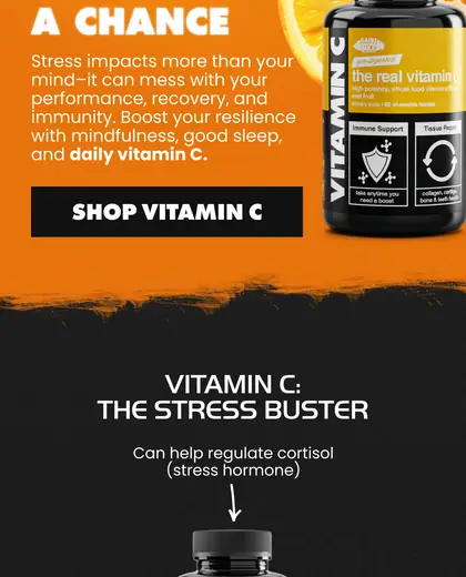 Orange and black vitamin C email with stress message, annotated bottle, testimonial, and category links.