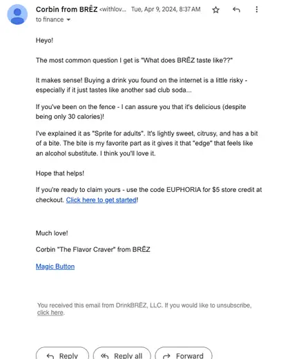 Gmail view of a plain-text BRĒZ email describing flavor and offering store credit.