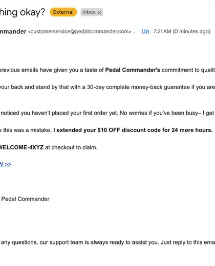 Gmail view of a Pedal Commander email with money-back guarantee and extended discount.
