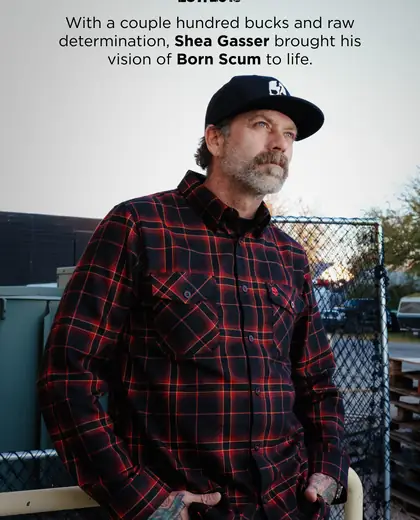 Born Scum email with founder portrait, brand story, first-order discount, and category links.
