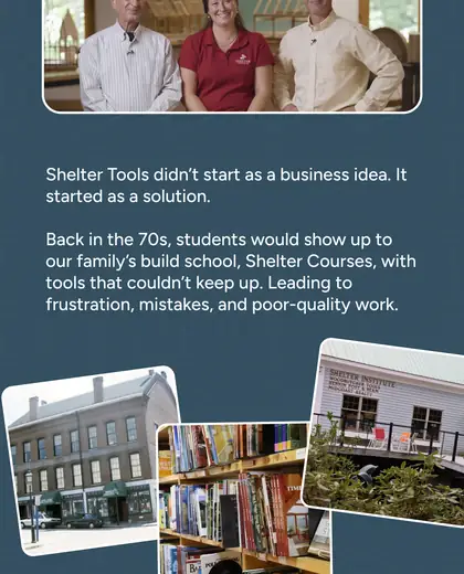 Shelter Tools email with family story, historical photos, product benefits, and welcome discount.