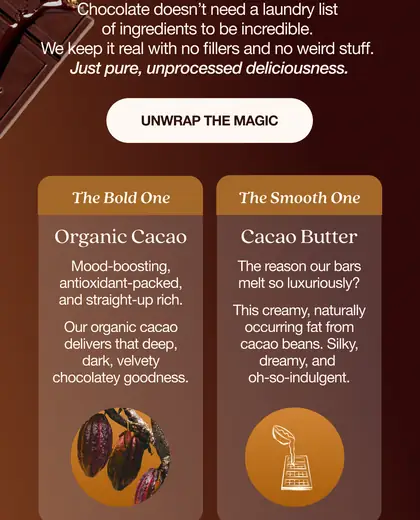 Conscious Bar email explaining cacao, cacao butter, and dates before featuring a chocolate bar.