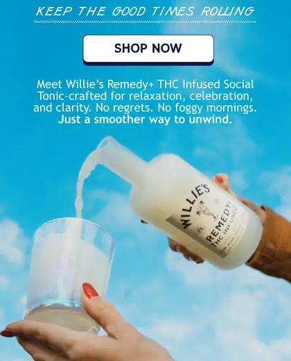 Willie's Remedy email with canned drink, ingredient callouts, alcohol comparison, and shop button.