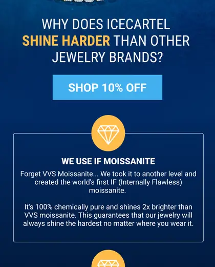 Icecartel email with jewelry, quality explanations, service benefits, customer review carousel, and links.